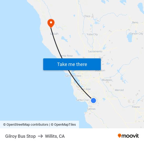 Gilroy Bus Stop to Willits, CA map