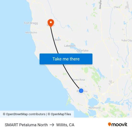 SMART Petaluma North to Willits, CA map
