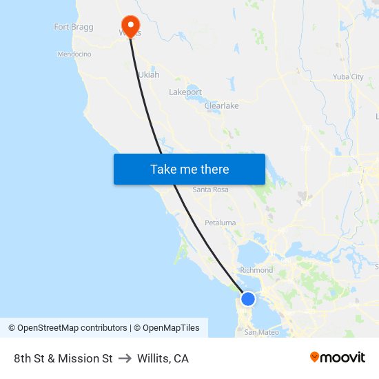 8th St & Mission St to Willits, CA map