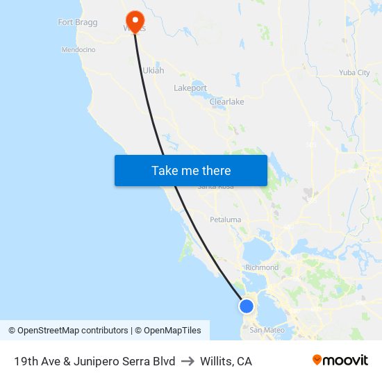 19th Ave & Junipero Serra Blvd to Willits, CA map