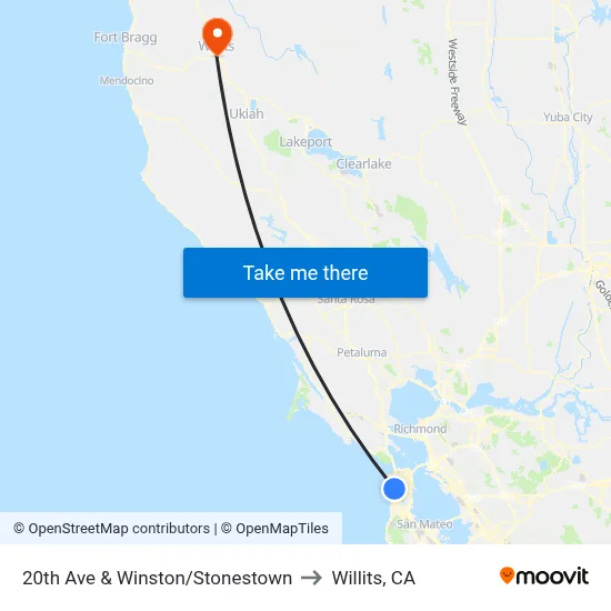 20th Ave & Winston/Stonestown to Willits, CA map