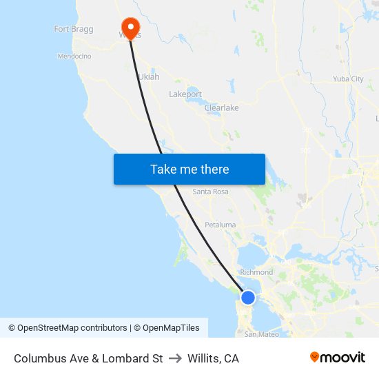 Columbus Ave & Lombard St to Willits, CA map