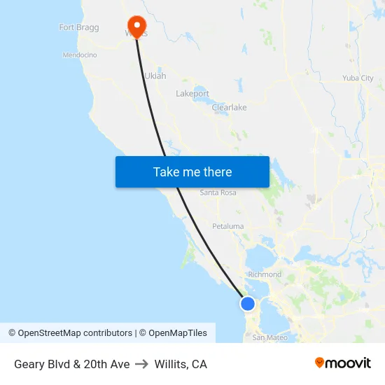 Geary Blvd & 20th Ave to Willits, CA map