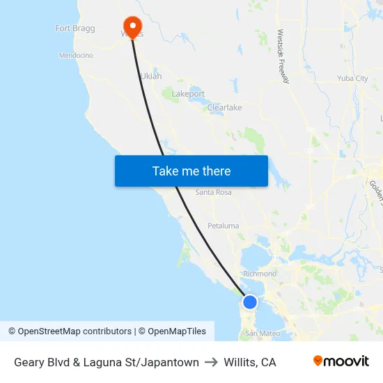 Geary Blvd & Laguna St/Japantown to Willits, CA map