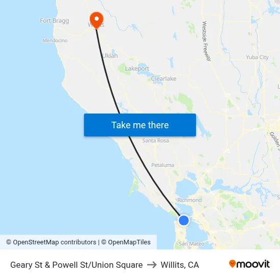 Geary St & Powell St/Union Square to Willits, CA map