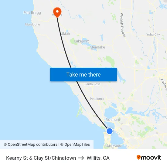 Kearny St & Clay St/Chinatown to Willits, CA map