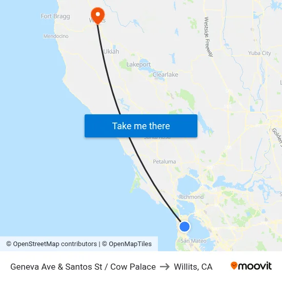 Geneva Ave & Santos St / Cow Palace to Willits, CA map