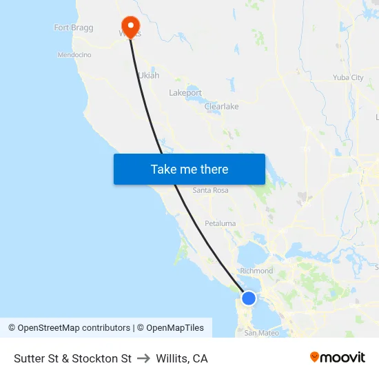 Sutter St & Stockton St to Willits, CA map