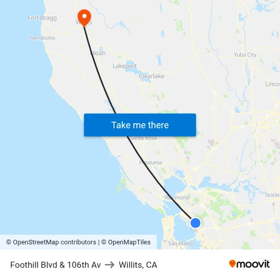 Foothill Blvd & 106th Av to Willits, CA map