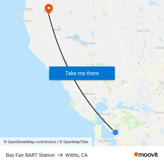 Bay Fair BART Station to Willits, CA map