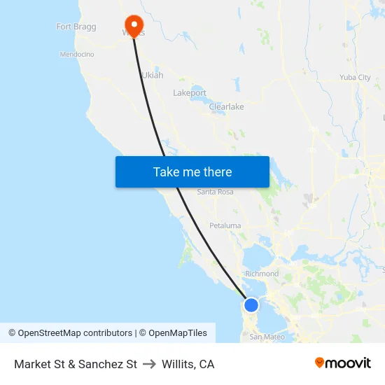 Market St & Sanchez St to Willits, CA map