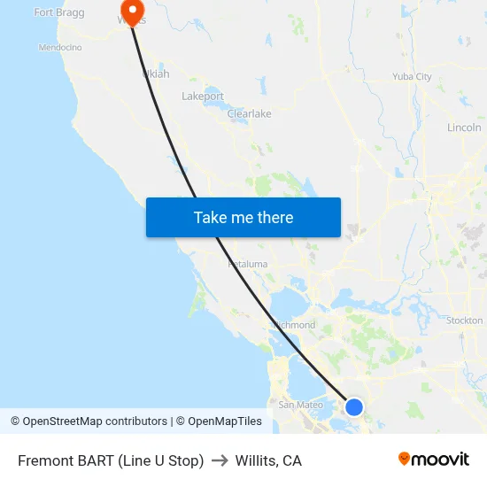 Fremont BART (Line U Stop) to Willits, CA map