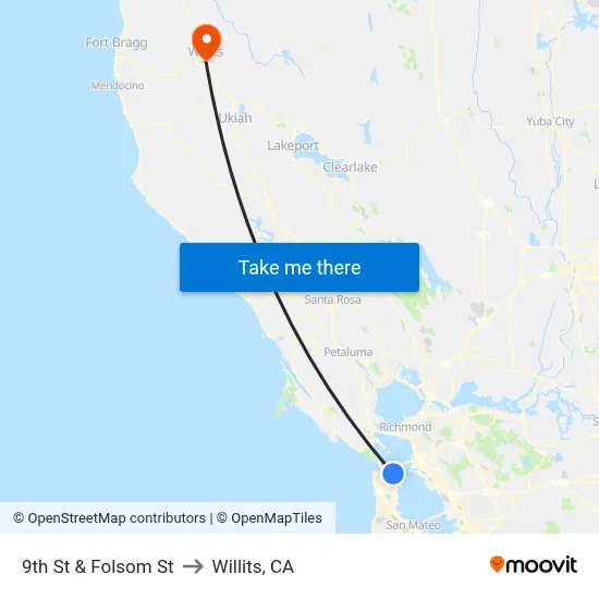 9th St & Folsom St to Willits, CA map