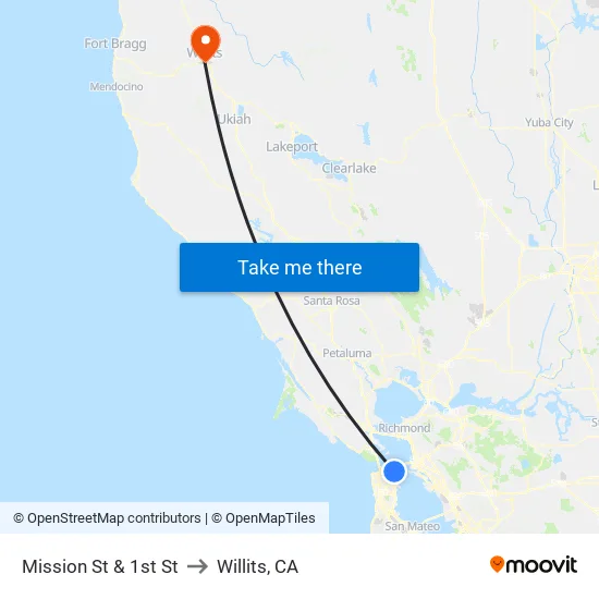 Mission St & 1st St to Willits, CA map