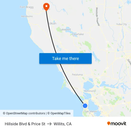Hillside Blvd & Price St to Willits, CA map