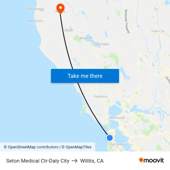 Seton Medical Ctr-Daly City to Willits, CA map