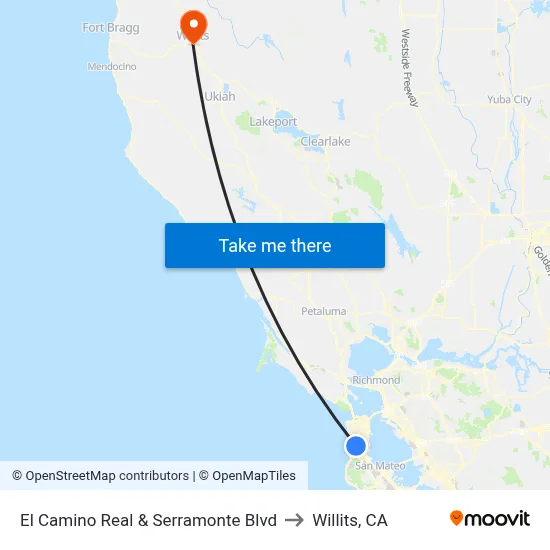 El Camino Real & Serramonte Blvd to Willits, CA map