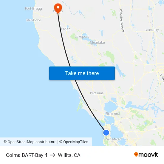 Colma BART-Bay 4 to Willits, CA map