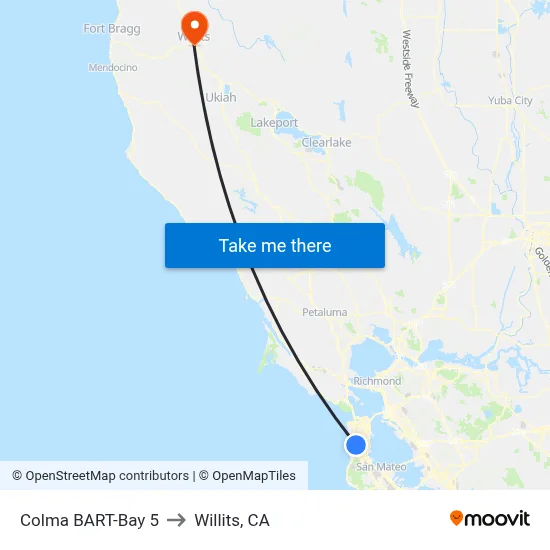 Colma BART-Bay 5 to Willits, CA map