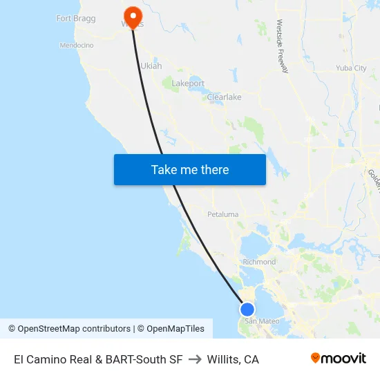 El Camino Real & BART-South SF to Willits, CA map