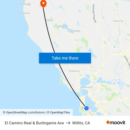 El Camino Real & Burlingame Ave to Willits, CA map