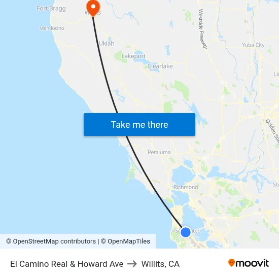 El Camino Real & Howard Ave to Willits, CA map