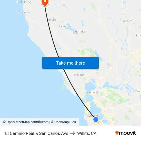 El Camino Real & San Carlos Ave to Willits, CA map