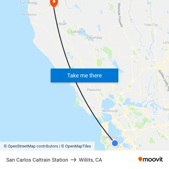 San Carlos Caltrain Station to Willits, CA map