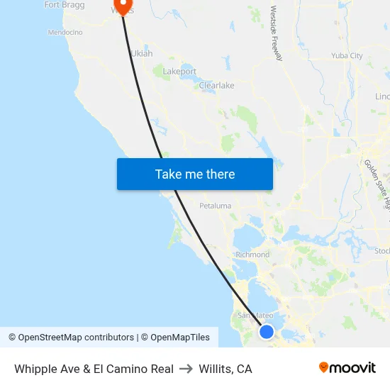 Whipple Ave & El Camino Real to Willits, CA map