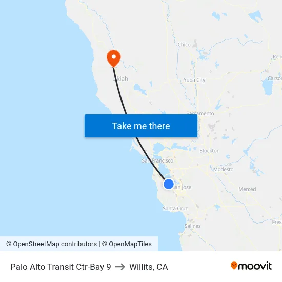 Palo Alto Transit Ctr-Bay 9 to Willits, CA map