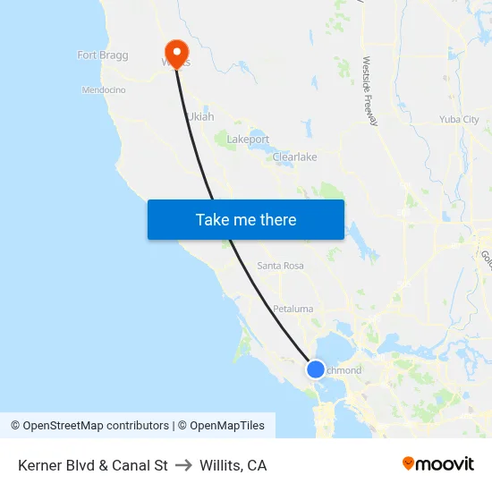 Kerner Blvd & Canal St to Willits, CA map