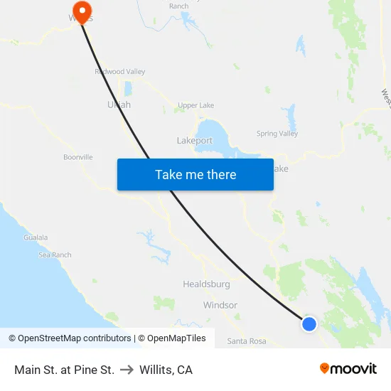 Main St. at Pine St. to Willits, CA map