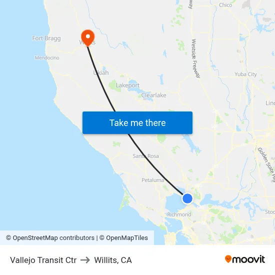 Vallejo Transit Ctr to Willits, CA map