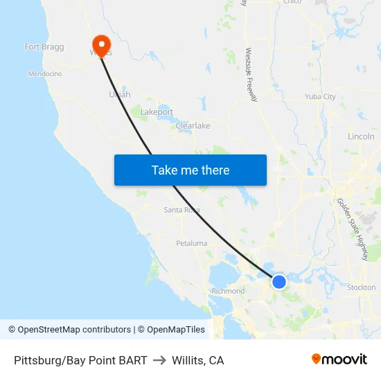 Pittsburg/Bay Point BART to Willits, CA map