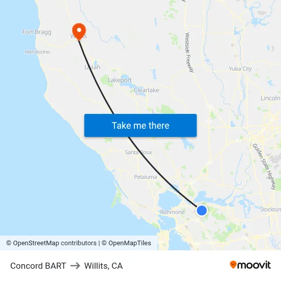 Concord BART to Willits, CA map