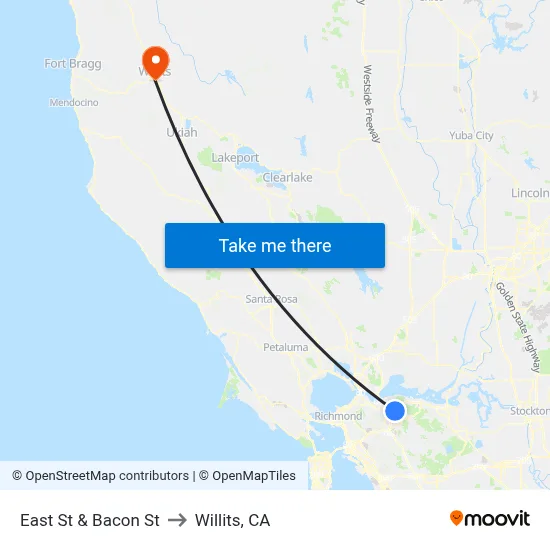 East St & Bacon St to Willits, CA map