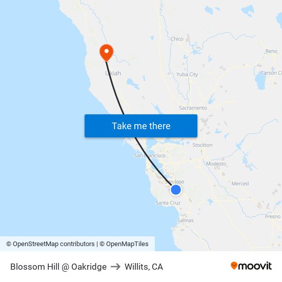 Blossom Hill & Oakridge Mall (W) to Willits, CA map