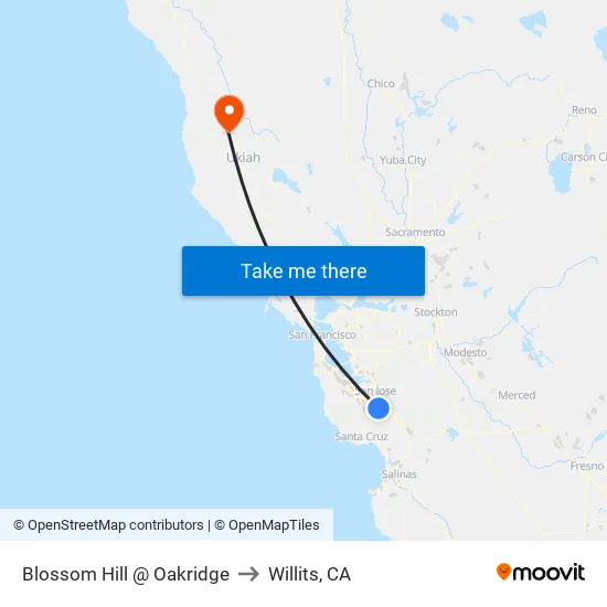 Blossom Hill & Oakridge Mall (W) to Willits, CA map