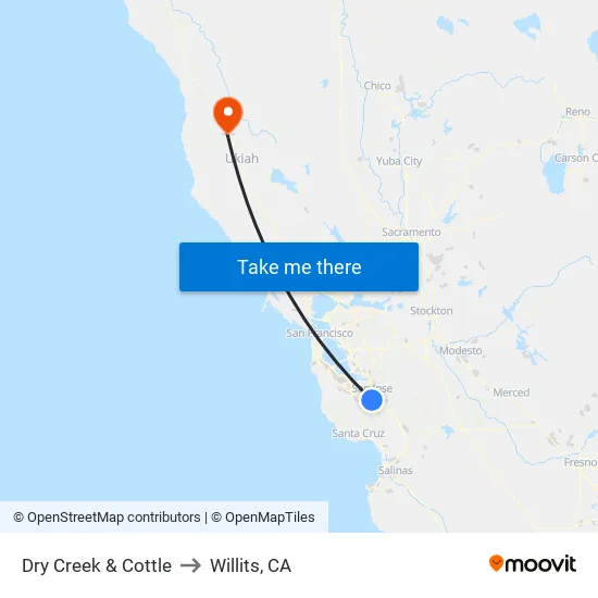 Dry Creek & Cottle (E) to Willits, CA map