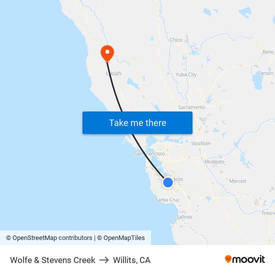 Wolfe & Stevens Creek (N) to Willits, CA map