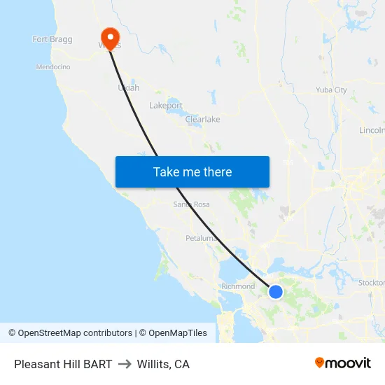 Pleasant Hill BART to Willits, CA map