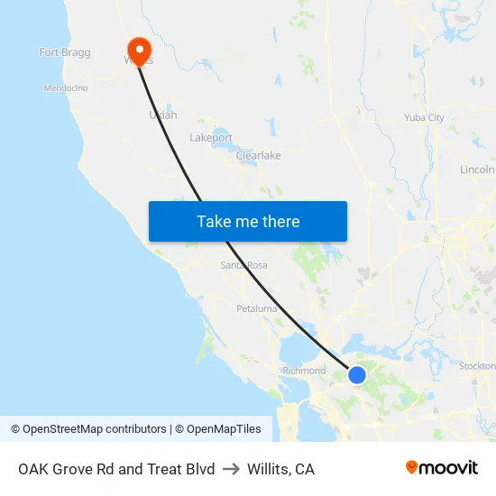OAK Grove Rd and Treat Blvd to Willits, CA map