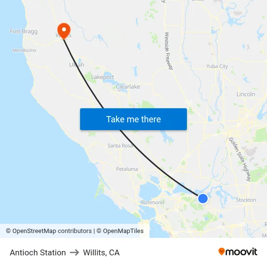 Antioch Station to Willits, CA map