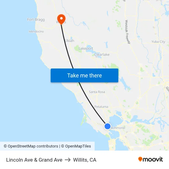 Lincoln Ave & Grand Ave to Willits, CA map