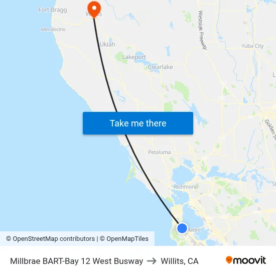 Millbrae BART-Bay 12 West Busway to Willits, CA map
