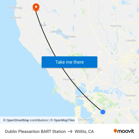 Dublin Pleasanton BART Station to Willits, CA map