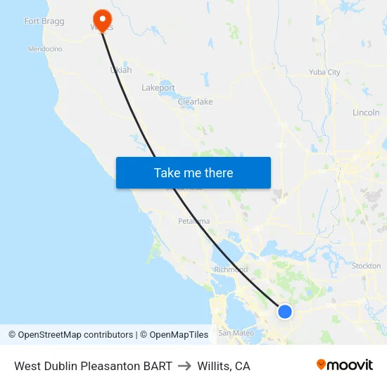 West Dublin/Pleasanton BART to Willits, CA map