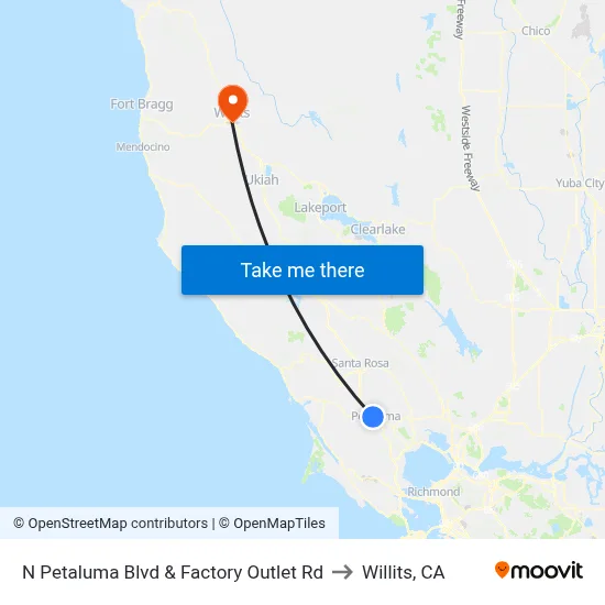 N Petaluma Blvd & Factory Outlet Rd to Willits, CA map