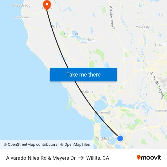 Alvarado-Niles Rd & Meyers Dr to Willits, CA map