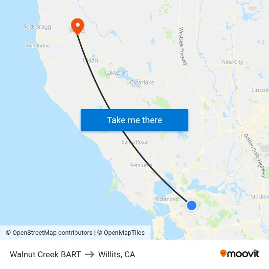 Walnut Creek BART to Willits, CA map